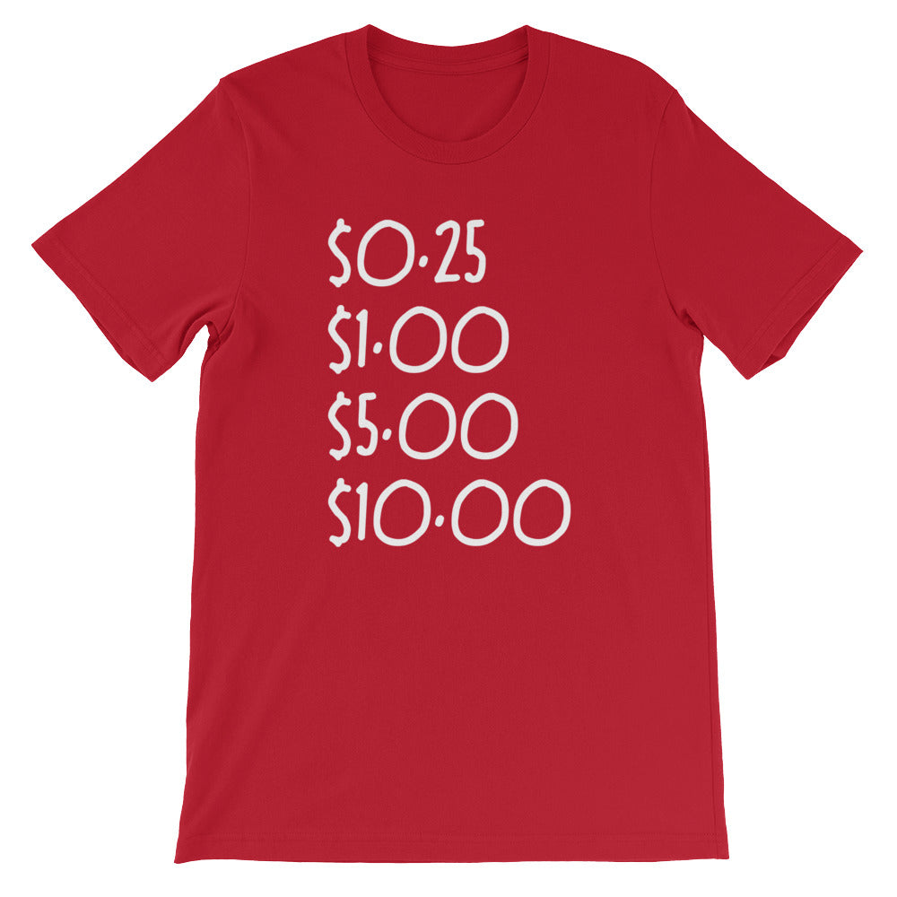 $0.25, $1.00, $5.00, $10.00 Tee