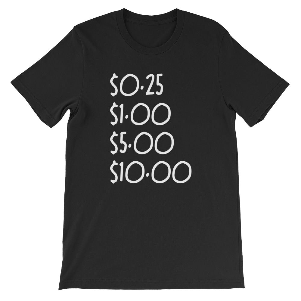 $0.25, $1.00, $5.00, $10.00 Tee