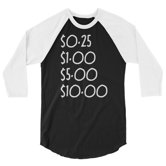 0.25 1.00 5.00 10.00 3/4 Sleeve Raglan