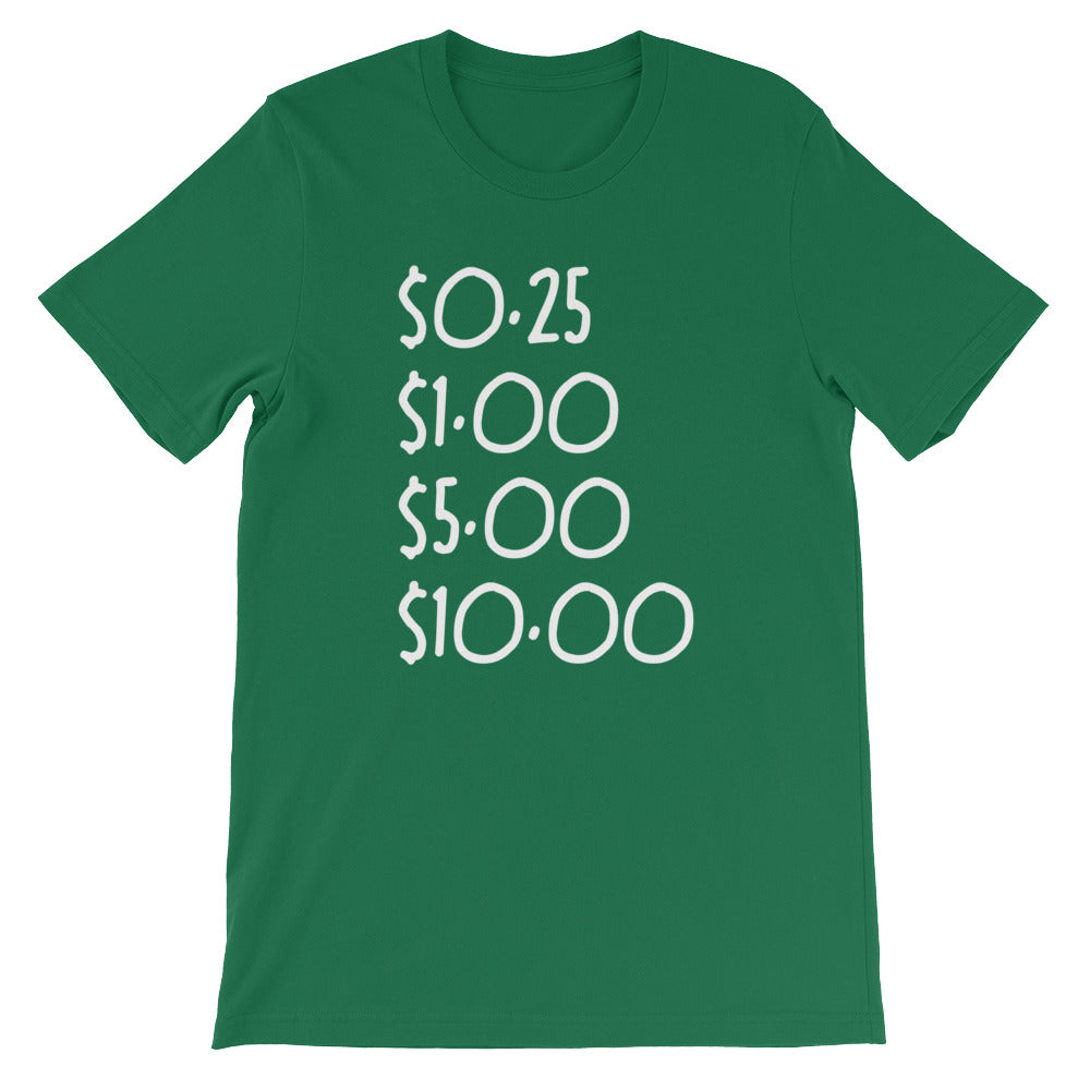 $0.25, $1.00, $5.00, $10.00 Tee