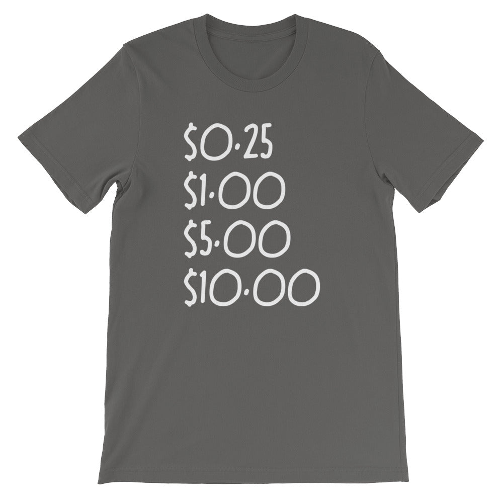 $0.25, $1.00, $5.00, $10.00 Tee